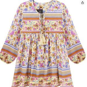 Womens Long Sleeve Floral Casual Print Cotton Mini Tunic Dress